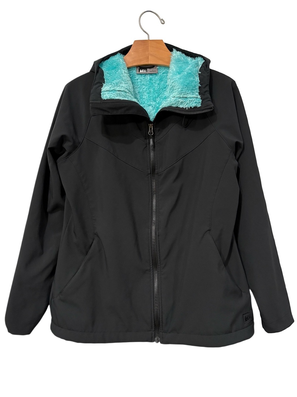 REI Black Fleece Lined Hooded Jacket Full Zip Soft Shell Large